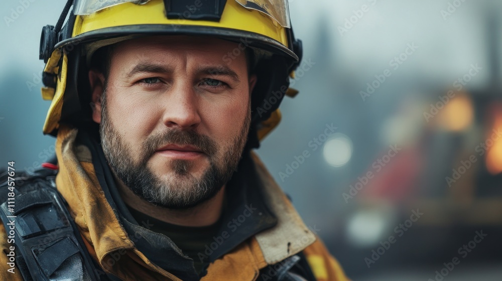 A firefighter in uniform, focused and ready for action. A firefighter in uniform, focused and ready for action.