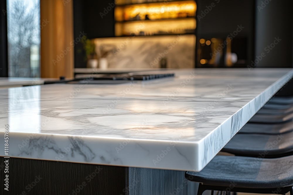 A modern kitchen with a marble countertop and sleek bar stools. A modern kitchen with a marble countertop and sleek bar stools.