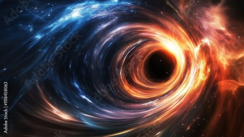 Abstract swirling cosmic nebula with black hole.