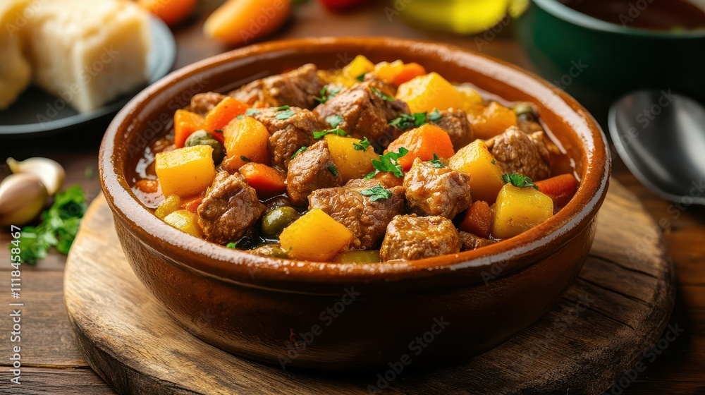 Traditional Iberian stew with tender meat and vegetables, served in a clay pot, hearty and authentic Traditional Iberian stew with tender meat and vegetables, served in a clay pot, hearty and authentic