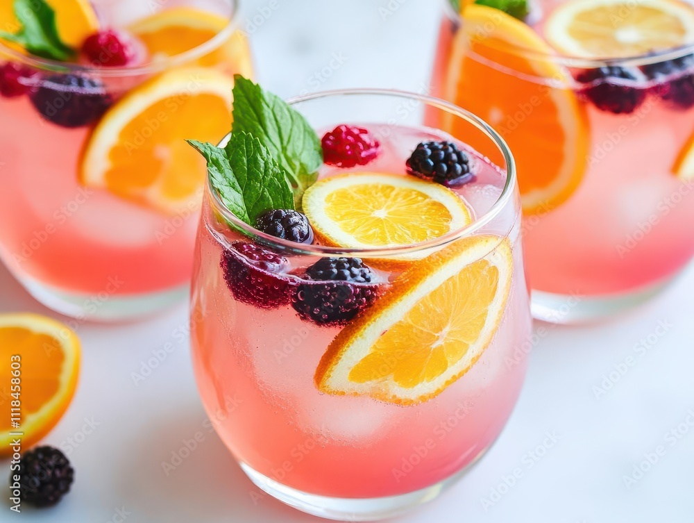Vibrant sangria glasses garnished with citrus slices and berries, colorful and inviting Vibrant sangria glasses garnished with citrus slices and berries, colorful and inviting