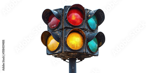 Vintage traffic light with red yellow and green lights isolated on transparent background photo