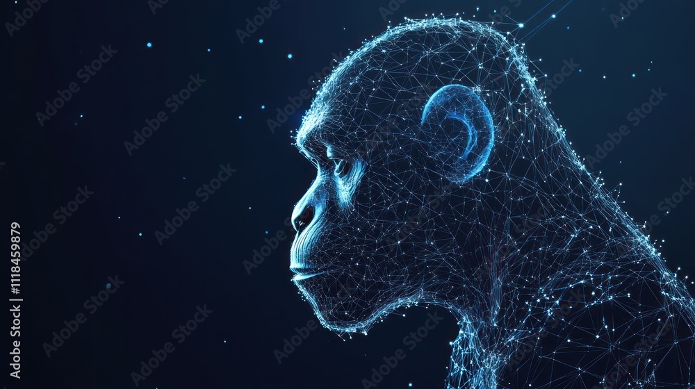 Abstract polygonal chimpanzee profile, glowing lines, dark background. Abstract polygonal chimpanzee profile, glowing lines, dark background.