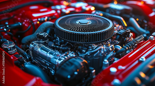 High-Performance Red Car Engine with Black Air Intake Filter Close-Up photo