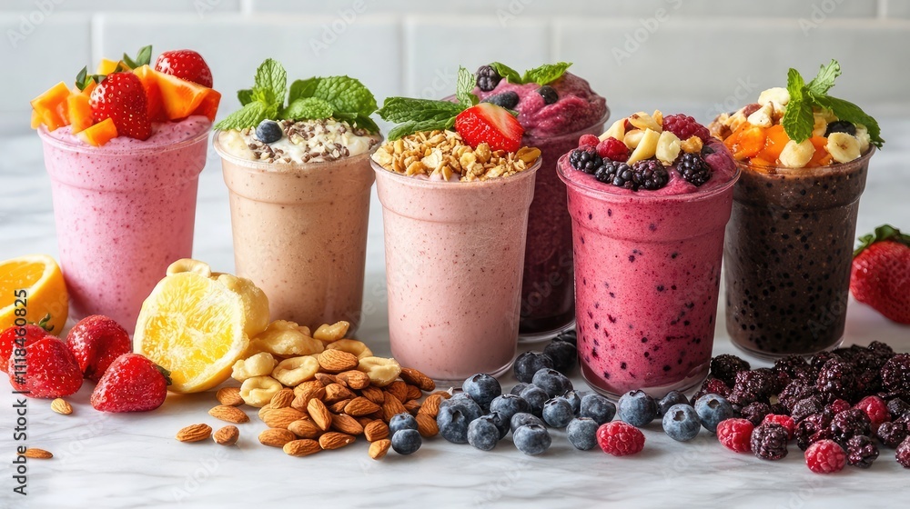 A vibrant display of healthy snacks including fruits, nuts, and smoothies A vibrant display of healthy snacks including fruits, nuts, and smoothies