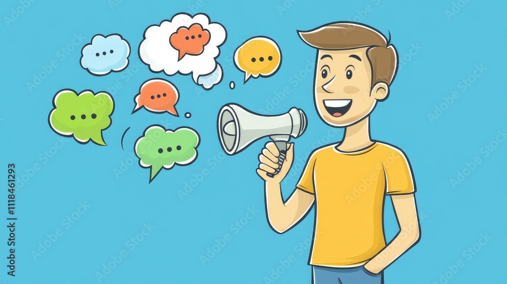 Cartoon Character with Megaphone Promoting Communication and Social Engagement Cartoon Character with Megaphone Promoting Communication and Social Engagement