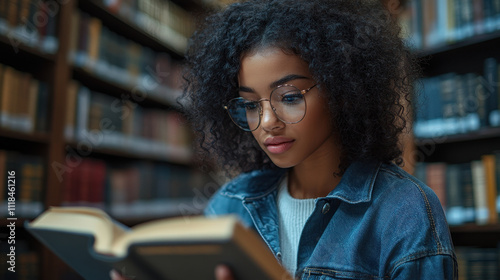 Focused College Student Reading in Library Atmosphere for Academic Inspiration photo