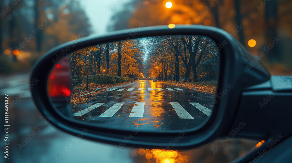 Autumn Zebra Crossing View Through Rearview Mirror on Rainy City Street Autumn Zebra Crossing View Through Rearview Mirror on Rainy City Street