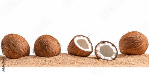 coconut tree Coconut fruit relaxation Christmas Coconuts on sandy surface, one cut open. photo