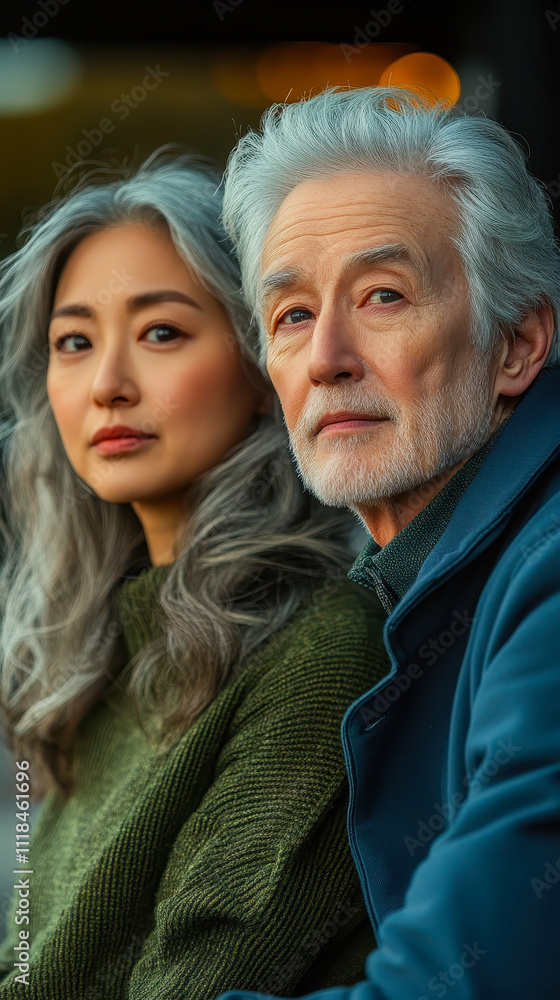 Elderly Couple in Morning Park Serenity: Diverse Bonding, Green and Blue Attire, Tranquil Morning Light Elderly Couple in Morning Park Serenity: Diverse Bonding, Green and Blue Attire, Tranquil Morning Light