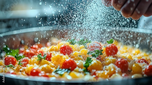 A person sprinkling salt over a pan of food