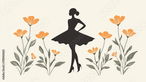 Elegant Silhouette of Ballet Dancer Amidst Blooming Flowers in Minimalist Style