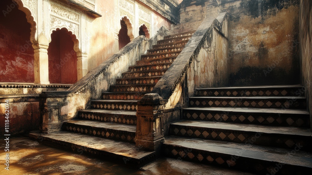 Obraz premium Ancient Indian Stepwell Architecture Geometric Patterns Stone Staircase Shadows