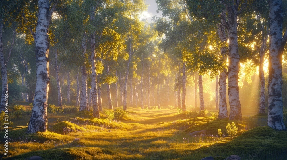 Sunlit birch forest path at dawn.