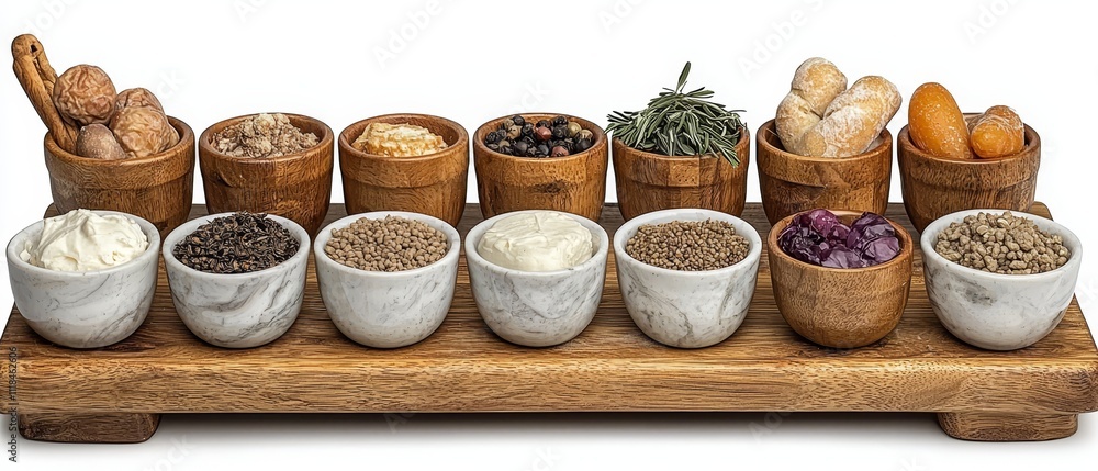 A wooden tray filled with bowls of different types of food A wooden tray filled with bowls of different types of food