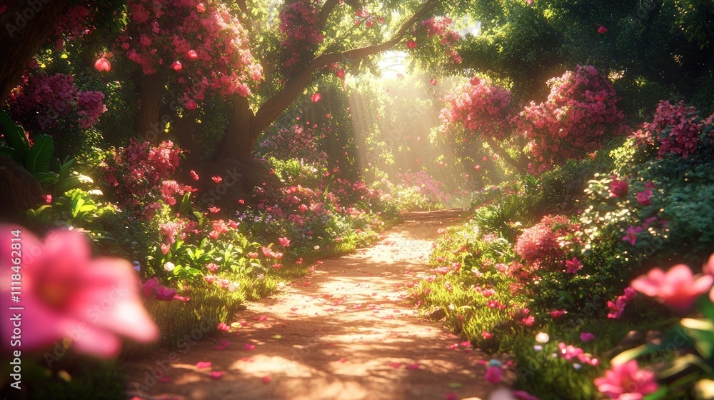 Fototapeta premium Sunlit path through a magical pink flower garden.