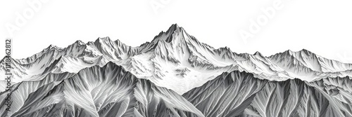 Engraved vector set featuring mountain chains, snowy peaks, rocky hills, volcanoes, gorges, steep slopes, and high mountains with sharp tops, high mountains, peaks photo