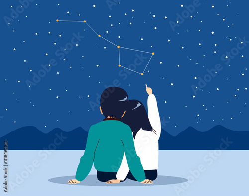 Couple stargazing big dipper vector illustration. Back view man and woman sitting on the night pointing to stars