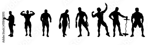 Bodybuilder man vector silhouette set.