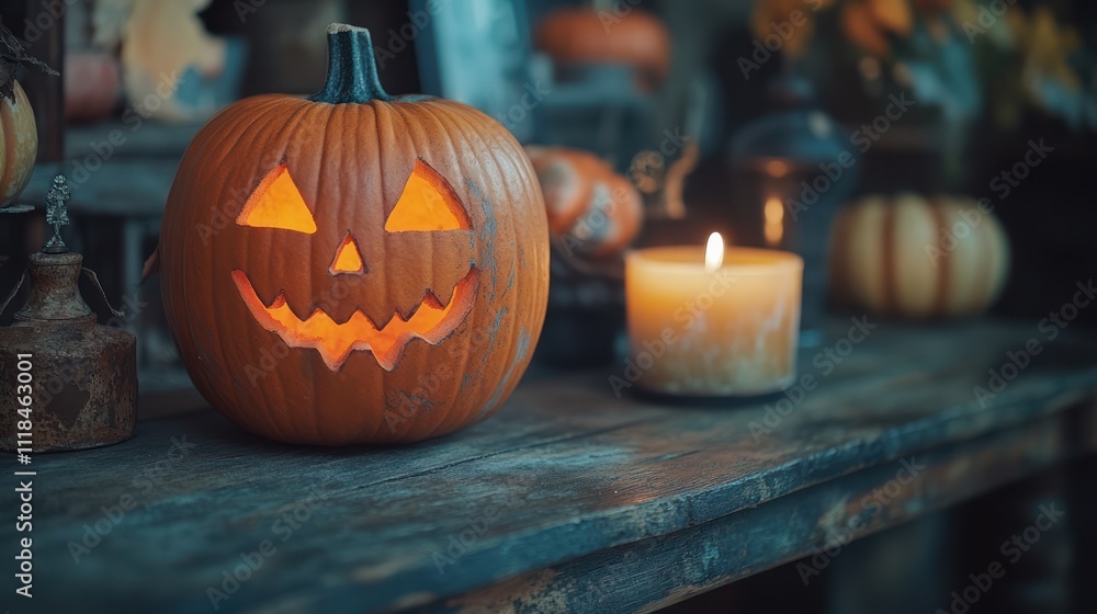 Lit jack-o'-lantern on rustic wooden table with candle and gourds. Lit jack-o'-lantern on rustic wooden table with candle and gourds.