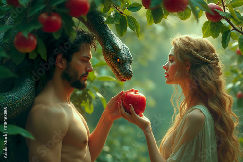 Adam and Eve in Garden of Eden. Eva giving Adam red apple. serpent tempter in paradise. Christian religious legendary story. green ancient snake devil lucifer satan. fall from grace. Lapse from virtue photo