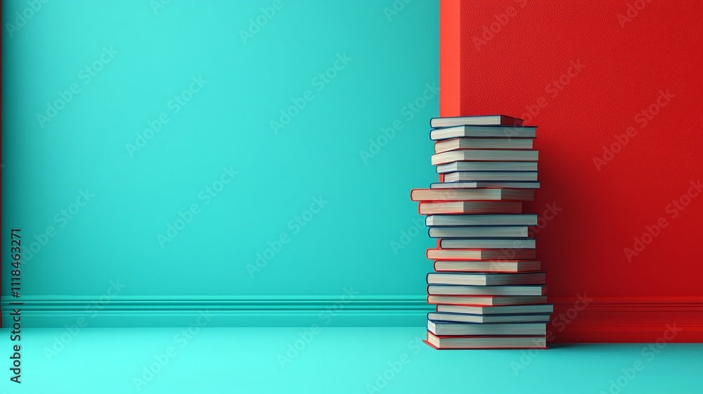 A stack of books sitting on top of a blue floor A stack of books sitting on top of a blue floor