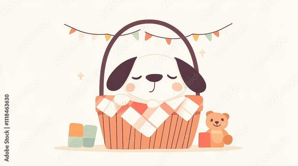 Obraz premium A dog is sitting in a basket with a bear