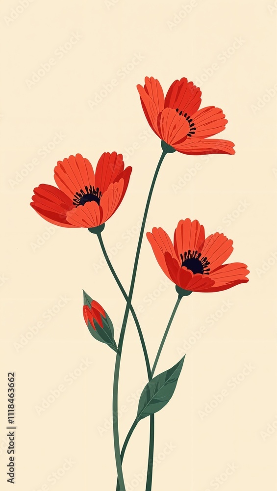 Obraz premium Pattern: light beige background with many small red painted flowers on it, wallpaper, pattern , postcard 