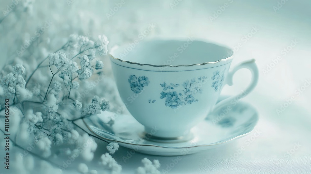 Elegant teacup with floral design next to delicate baby's breath flowers Elegant teacup with floral design next to delicate baby's breath flowers