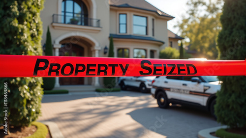 Property Seized Red Tape Across Luxury Mansion Entrance With Police Vehicle, Law Enforcement Action