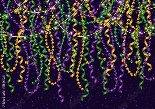 Horizontal Mardi Gras carnival banner with vertical randomly hanging strings of beads, streamer ribbons. Backdrop, photo booth design for festival, carnival, party, holiday events. A4
