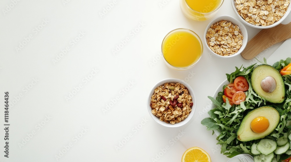 Healthy Breakfast with Granola, Fresh Salad, and Orange Juice on a Minimalist White Background Healthy Breakfast with Granola, Fresh Salad, and Orange Juice on a Minimalist White Background
