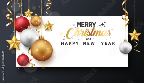 Christmas decoration with colorful balls, star, and gold confetti
