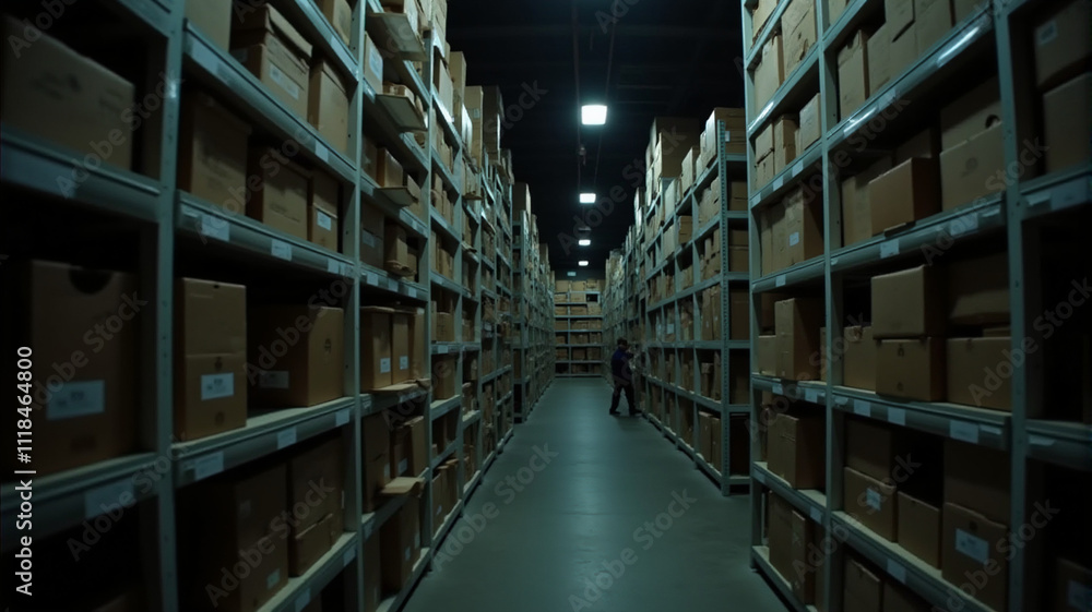 Fototapeta premium Industrial Storage Warehouse Interior With Endless Rows of Archive Boxes, Government Repository