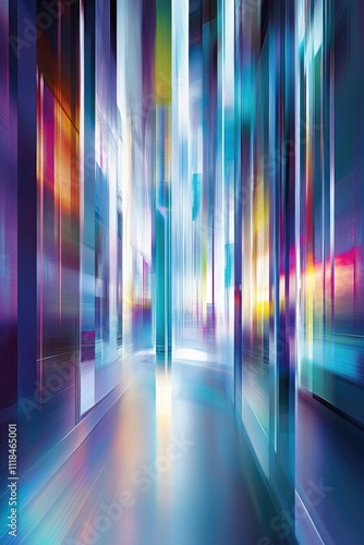 Futuristic Abstract Cityscape with Vibrant Light Trails and Glass Reflections