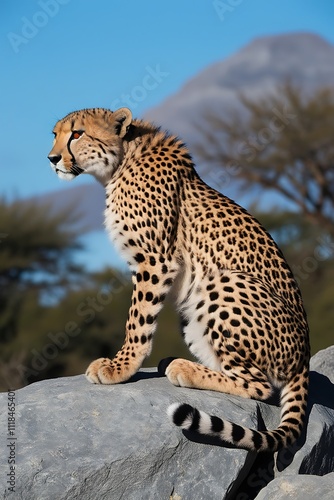 Close up photograph of a single cheetah lying on a rock and looking towards the camera photo