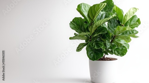 A fiddle leaf fig plant in a white pot on a white background