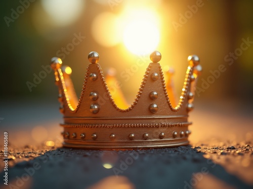 Golden crown shining on the ground at sunset, majestic symbol of power photo