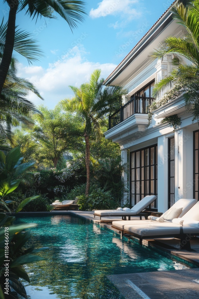 Obraz premium Poolside relaxation with palm trees