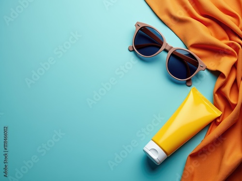 Sunscreen, sunglasses and orange towel lying on blue background for summer vacation