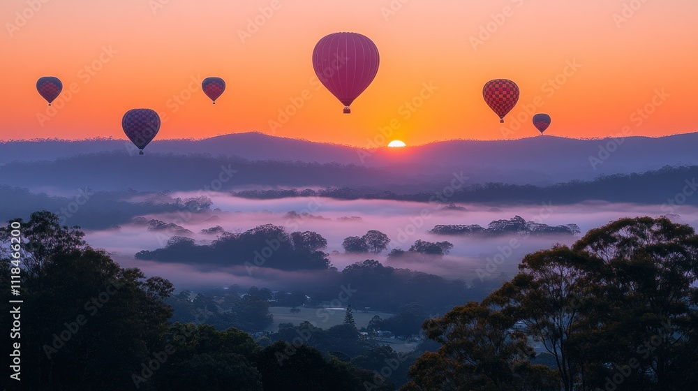 Sunrise hot air balloons over misty valley. Sunrise hot air balloons over misty valley.