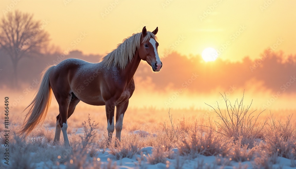 Horse standing in frosty sunrise Horse standing in frosty sunrise