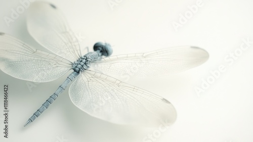 Close-up of dragonfly with delicate, translucent wings set against light background