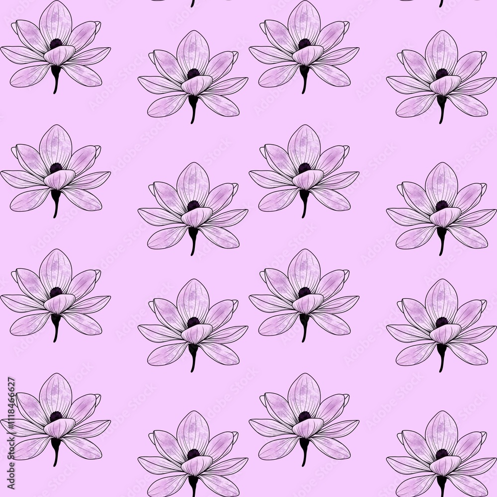 Seamless pattern of delicate purple flowers on a light background. Ideal for textiles, wallpapers, and digital designs with a floral theme. Pink magnolia. Seamless pattern of delicate purple flowers on a light background. Ideal for textiles, wallpapers, and digital designs with a floral theme. Pink magnolia.