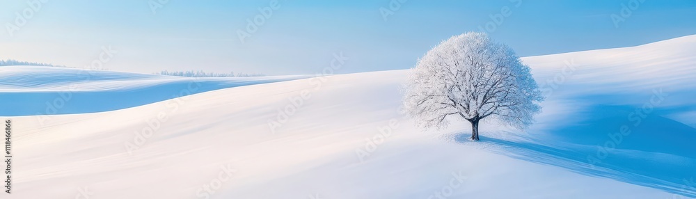 Snowy landscape with a lone, snow-covered tree.