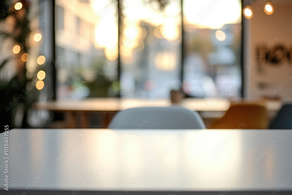 A blurred view of a modern cafe interior with warm lighting and a focus on a table. A blurred view of a modern cafe interior with warm lighting and a focus on a table.