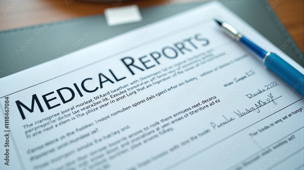 Medical Report Form With Blue Pen on Grey Surface, Healthcare Documentation Medical Report Form With Blue Pen on Grey Surface, Healthcare Documentation