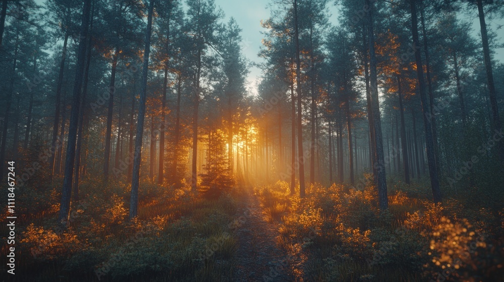 Obraz premium Sunrise illuminating a misty pine forest path.