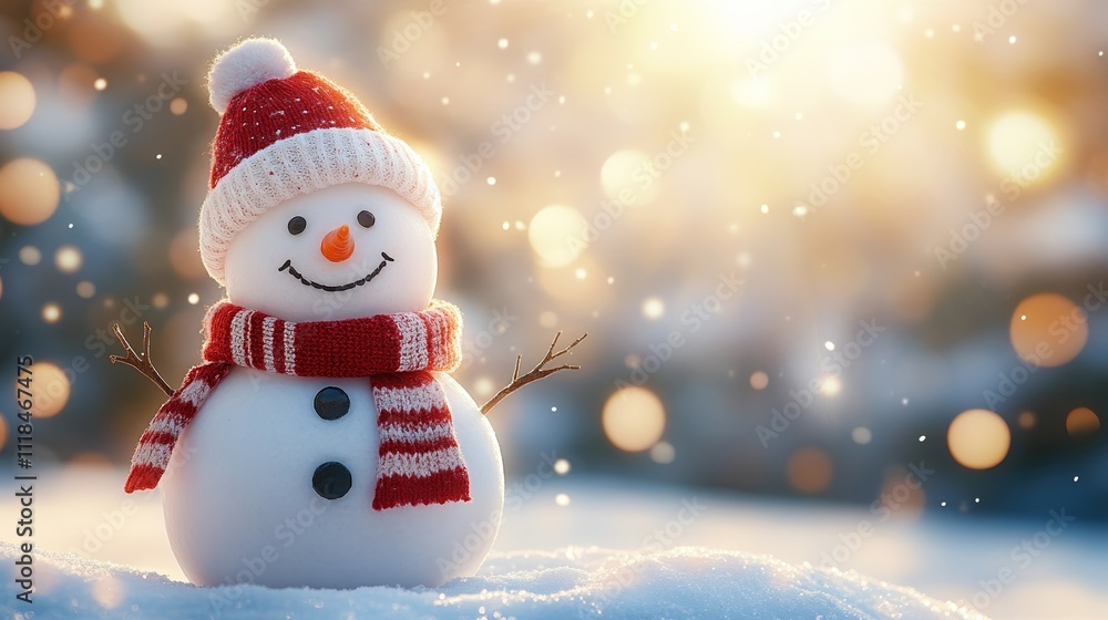 Snowman With a Red Scarf and Hat Surrounded by Snowflakes and Twinkling Lights Creating a Cheerful Winter Holiday Scene Snowman With a Red Scarf and Hat Surrounded by Snowflakes and Twinkling Lights Creating a Cheerful Winter Holiday Scene