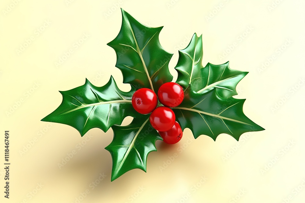 minimalistic of holly sprig with green leaves and red berries positioned on solid beige background with copy space minimalistic of holly sprig with green leaves and red berries positioned on solid beige background with copy space
